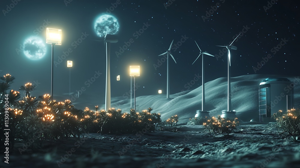 Obraz premium A futuristic moon base with glowing wind turbines and solar arrays, soft light from Earth visible in the sky, blending innovation with wonder