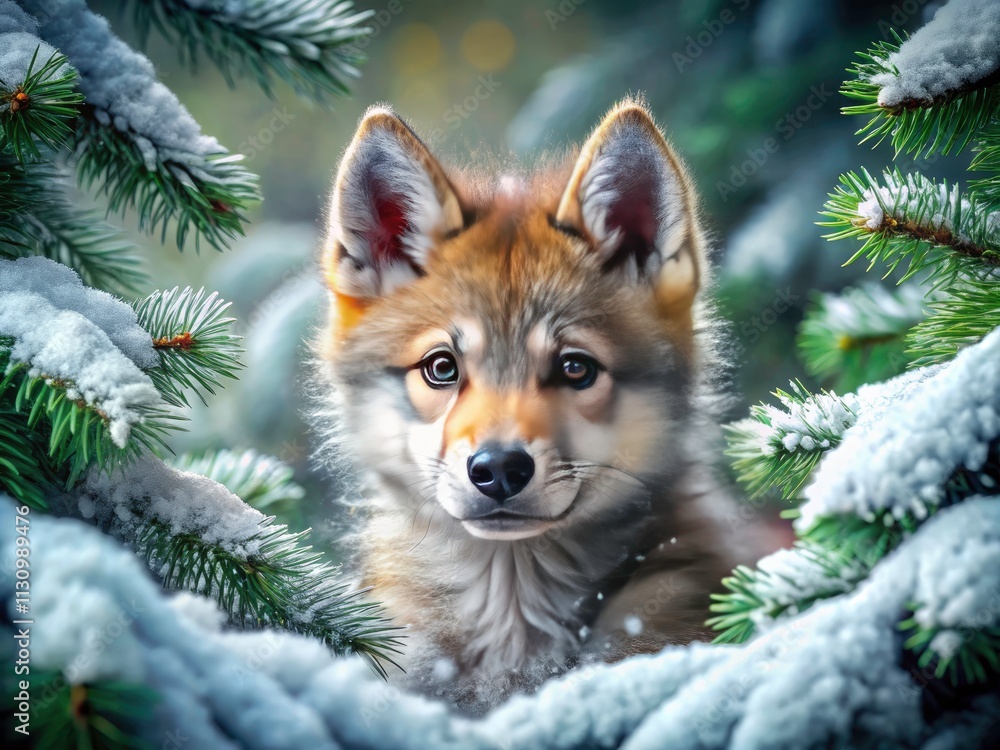 Obraz premium A precious 3D-like image: a fluffy wolf cub playing in a pristine snowy winter forest.