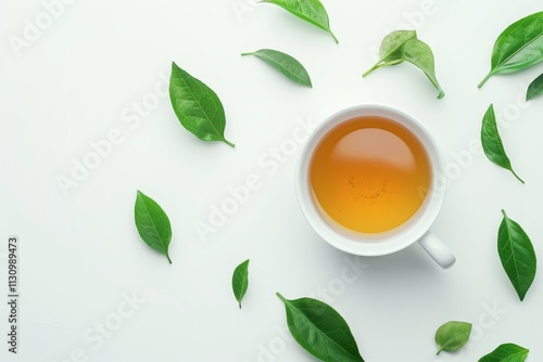 Wallpaper Mural Overhead view of organic green tea with leaf decoration on white background tea ceremony concept Torontodigital.ca