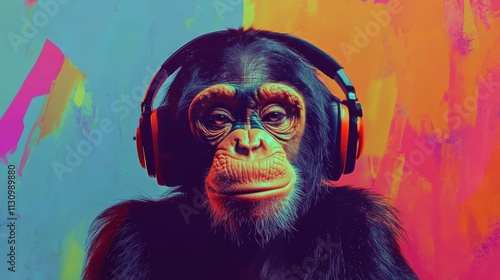 portrait of a party monkey ape with headphones on a colorful abstract background, photo