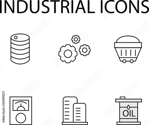 This image contains six simple industrial icons representing a barrel, gears, a mining cart, a gauge, buildings, and an oil container