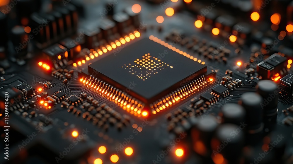 Obraz premium Future technology and a microchip for AI on a motherboard represent programming and codes for internet browsing and information with lights, machine learning, and data algorithms