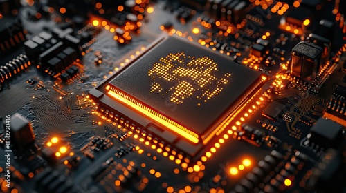 Future technology and a microchip for AI on a motherboard represent programming and codes for internet browsing and information with lights, machine learning, and data algorithms photo