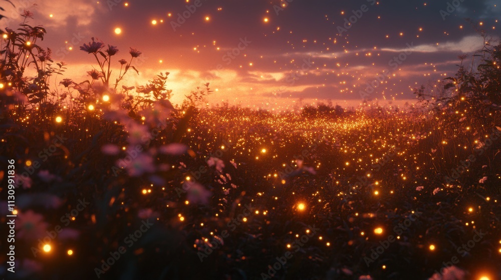 Fototapeta premium Enchanted Meadow at Sunset with Glowing Fireflies and Flowers