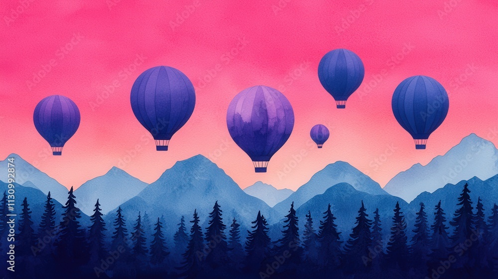 Obraz premium Watercolor texture and vibrancy, A serene landscape featuring colorful hot air balloons soaring over mountains and forests under a pink sky at sunset.