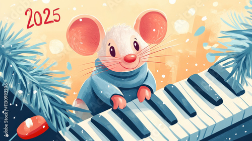 Cute happy mouse playing piano keys Christmas scene for 2025 New Year celebration