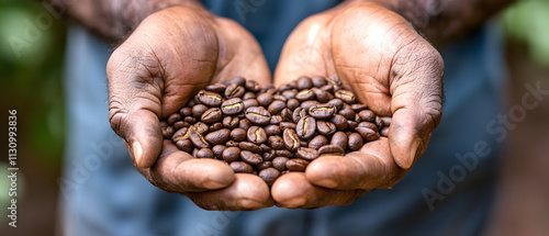 Arabica coffee hit record high concept. Hands holding fresh coffee beans in a natural setting.