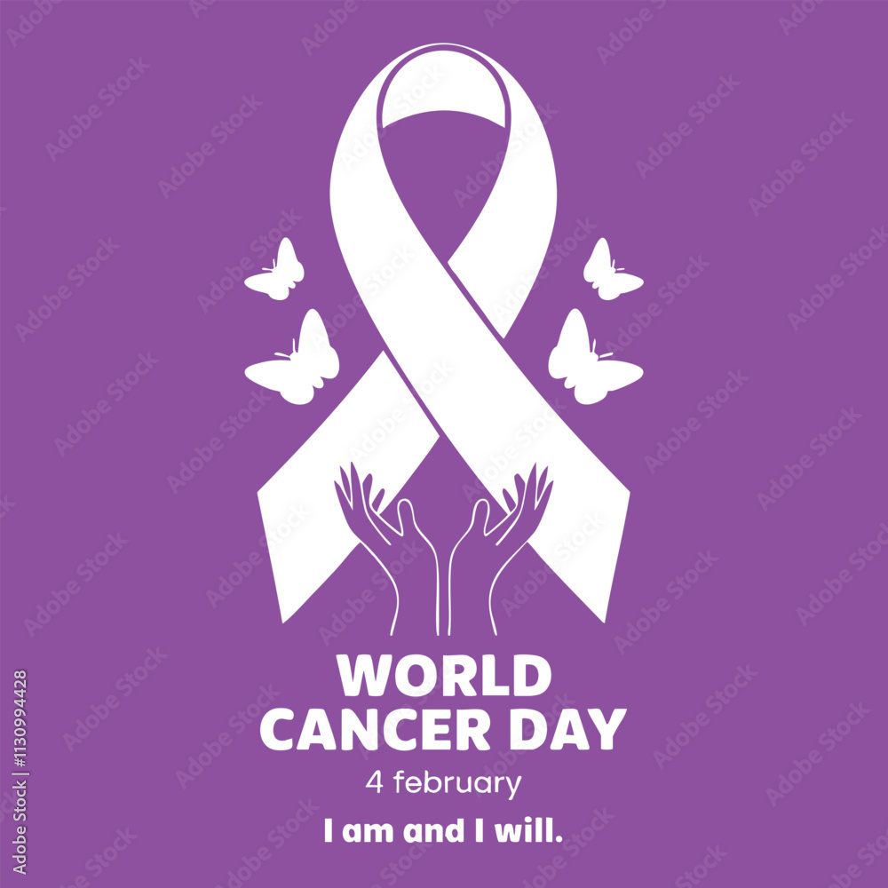 Fototapeta premium Illustrative design highlighting World Cancer Day with a ribbon and butterflies. Promoting cancer awareness and support on a purple background, symbolizing hope and unity against cancer.