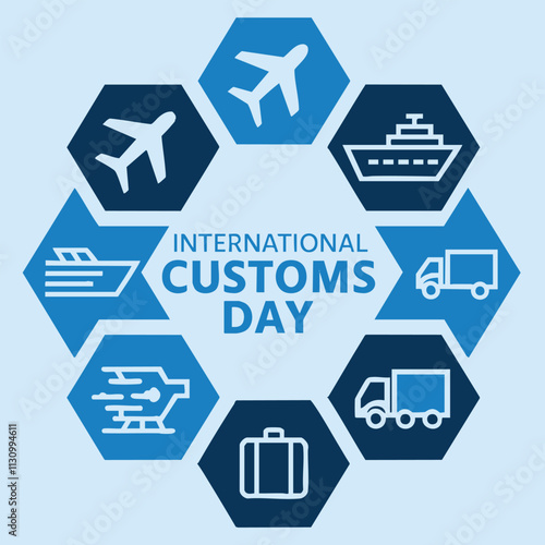 Illustration honoring International Customs Day featuring transportation symbols for air, sea, and land. Highlights the importance of global trade and customs work.