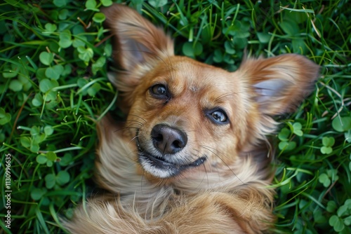 Playful dog lying on green grass making funny face photo