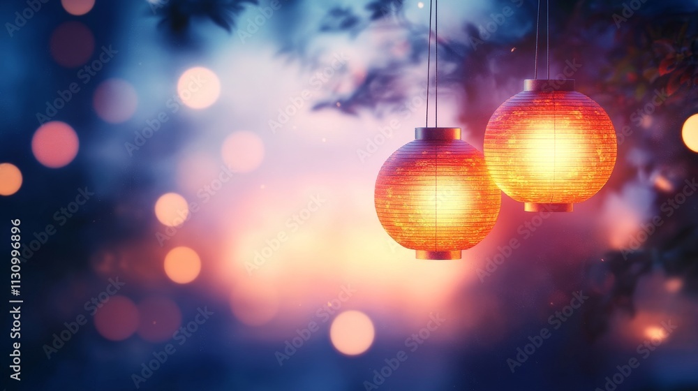 Fototapeta premium Lanterns, Beautiful Red Glow, Festive Atmosphere, Soft Lights, Evening Decor, Outdoor Setting