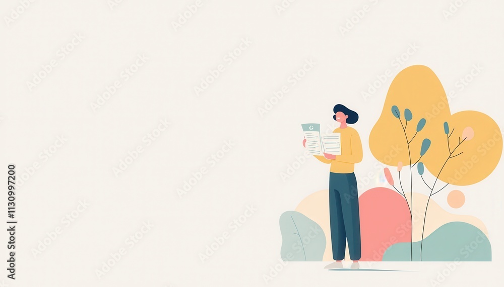 Fototapeta premium Cheerful person holding document in minimalistic nature background, illustrating productivity and organization