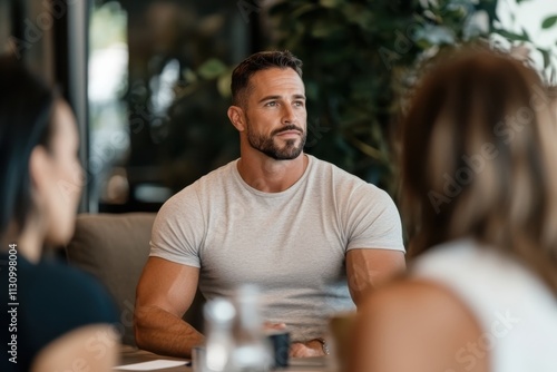 A man with a muscular frame is attentively engaged in a serious discussion, showcasing a focused demeanor amid a modern, plant-filled environment. photo