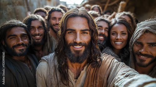Jesus takes a selfie with a group, portraying a modern and inclusive image of religious leadership and community