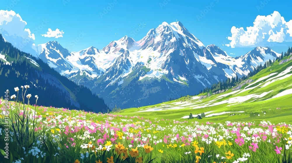 Fototapeta premium Spring Mountain Landscape: Melting Snow, Blooming Meadows, Clear Blue Sky for Adventurous Background