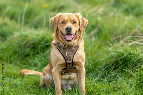 Portrait of a joyful dog wearing a harness on grass in Mendip Hills UK photo