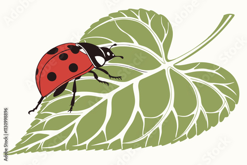 Ladybug on a heart leaf, A ladybug perched on a heart-shaped leaf with veins visible vector silhouette on a white background