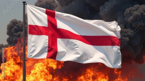 International Red Cross flag in fire and smoke.