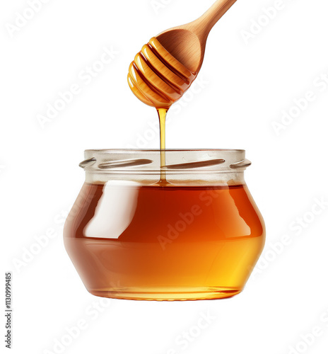 Sweet Golden Honey Dripping, Wooden Dipper, Jar, Delicious Treat photo