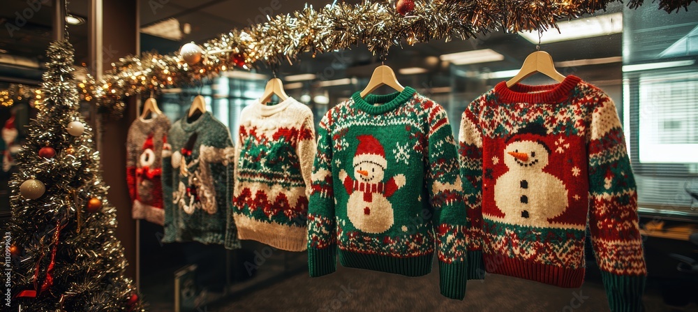 Fototapeta premium Festive Office Holiday Party with Colorful Ugly Sweaters and Tinsel Decorations
