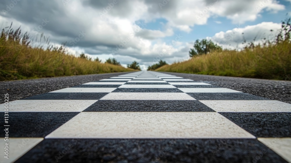 Obraz premium Checkered road vanishing point, grassy roadside, cloudy sky.