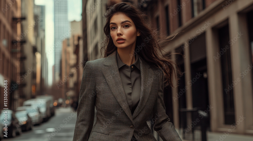 Fototapeta premium Sophisticated model in tailored suit walking confidently in city