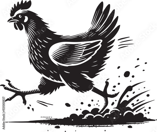 A chicken running across a dirt path black vector silhouette