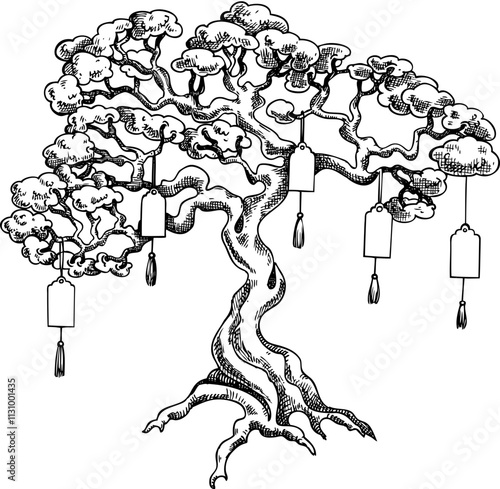 Chinese wishing tree sketch. Lunar New Year 2025 icon. Hand-drawn vector illustration. NOT AI generated