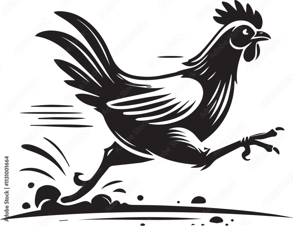 Fototapeta premium A chicken running across a dirt path black vector silhouette