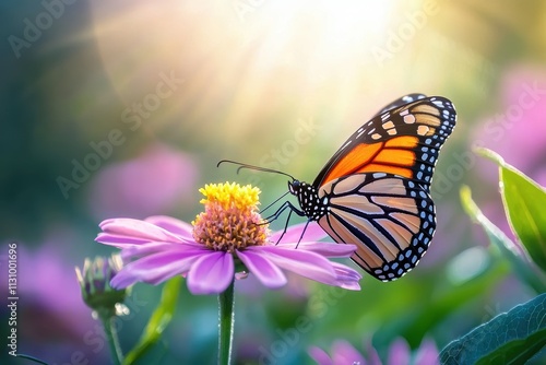 Vibrant Monarch Butterfly on Blooming Flower - Perfect for Lively Spring Nature Background photo