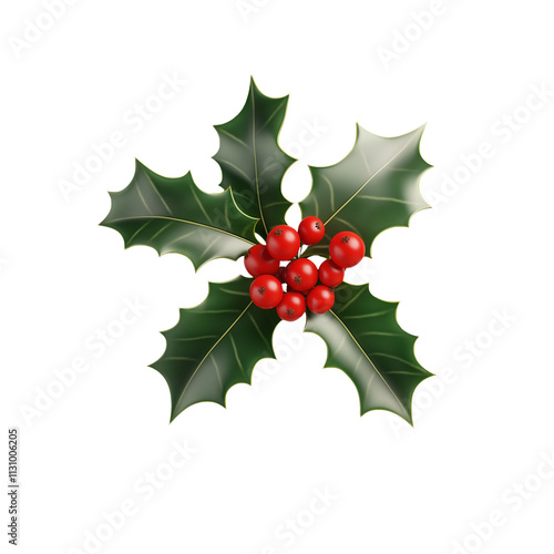 Christmas holly leaves with red berries 3D render isolated on transparent background photo