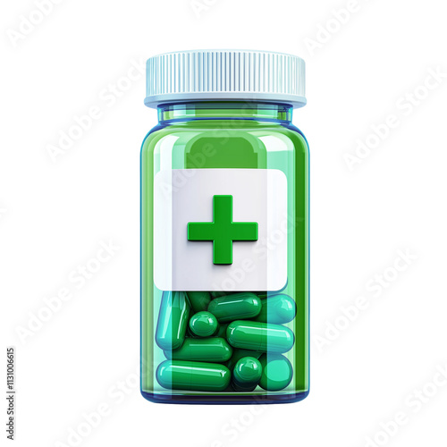 Bottle containing green capsules isolated on transparent background