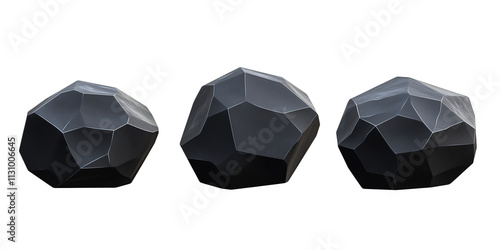 Set of three black stones 3D render isolated on transparent background