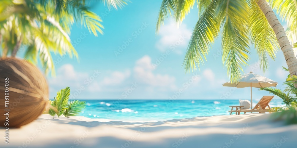 Obraz premium Realistic stock photo of a tropical beach scene. In the foreground, fine white sand with beach chair and umbrella and coconut tree.