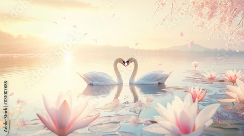 A romantic digital animation of two swans in the shape of hearts floating on an ancient pond, surrounded by blooming lotus flowers and willow trees under a golden sunset sky photo