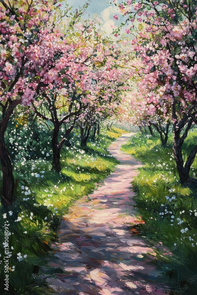 Fototapeta premium Spring Pathway Through Blossoming Orchard with Vibrant Pink and White Flowers