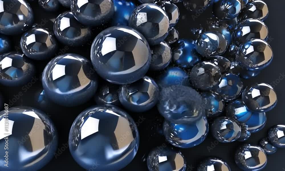Billes métalliques bleues et chromées fondant en une matière fluide brillante, transition graphique dynamique entre formes sphériques et texture liquide