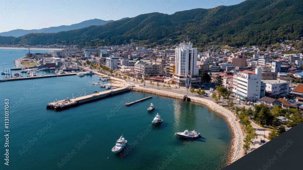Fototapeta premium A picturesque coastal town with boats moored in a calm harbor, surrounded by lush green hills, under a clear blue sky, embodying serene coastal life.