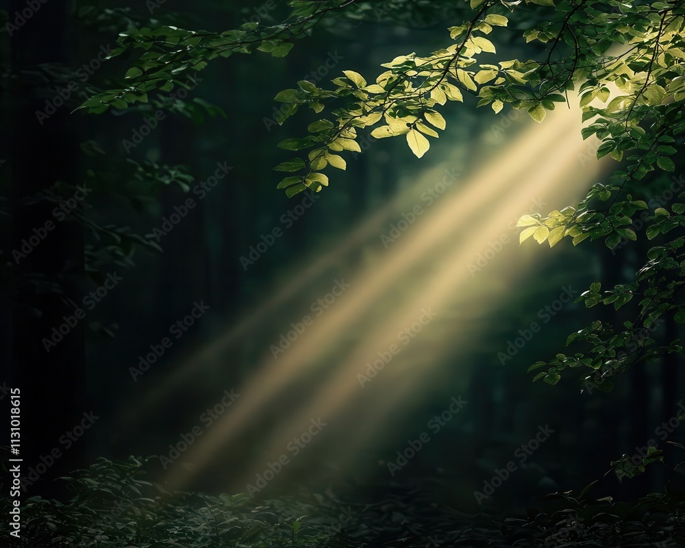 Fototapeta premium Sunbeams breaking through forest canopy, wildlife roaming in a quiet natural setting