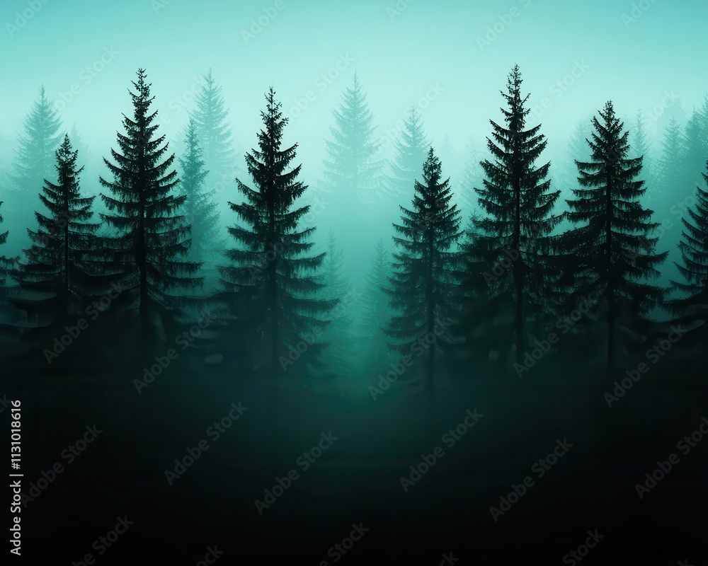 Fototapeta premium Misty forest at dawn, tall trees with wildlife emerging, peaceful nature scene under the canopy
