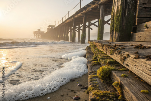 Delicate sea foam kisses weathered wooden planks of old pier, creating serene coastal scene at sunrise. gentle waves and mist add to tranquil atmosphere photo