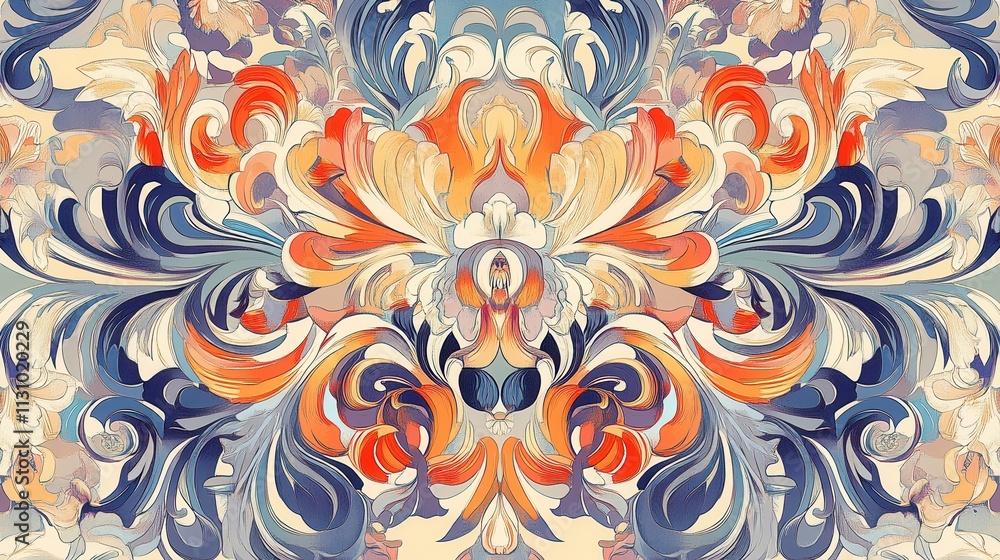 Fototapeta premium Vibrant Swirls and Flourishes: An Abstract Floral Tapestry of Orange, Blue, and Cream Hues