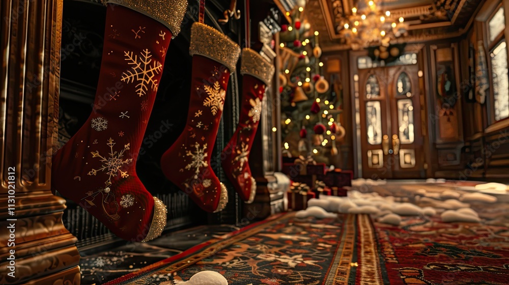 Fototapeta premium A festive scene of Christmas stockings hanging by the fireplace, adorned with snowflakes 
