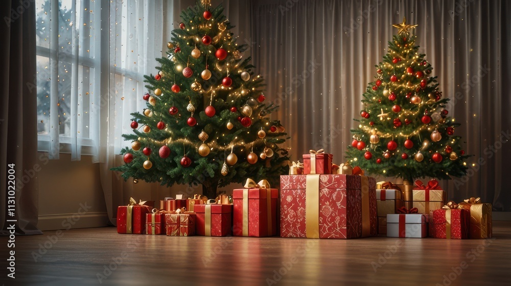 Beautifully decorated Christmas tree with red and gold ornaments and gifts Beautifully decorated Christmas tree with red and gold ornaments and gifts