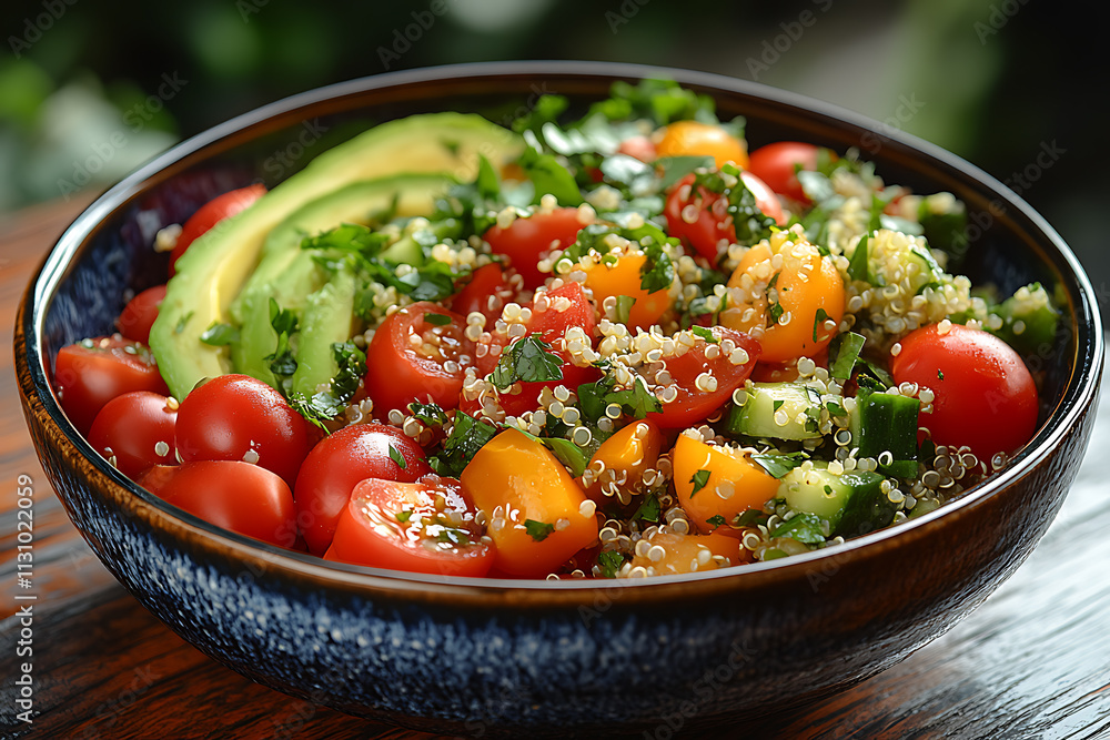 A colorful salad bowl with fresh vegetables, quinoa, and avocado on a rustic wooden table A colorful salad bowl with fresh vegetables, quinoa, and avocado on a rustic wooden table