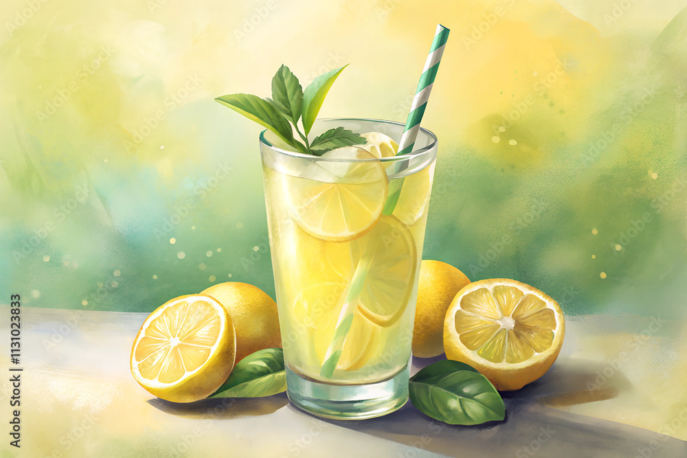 Fototapeta premium A glass of lemonade with a straw and a few slices of lemon on the table. Scene is refreshing and lighthearted