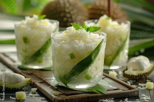 Traditional Indonesian dessert with durian made from rice flour palm sugar coconut milk and pandanus leaf commonly enjoyed during Ramadan photo