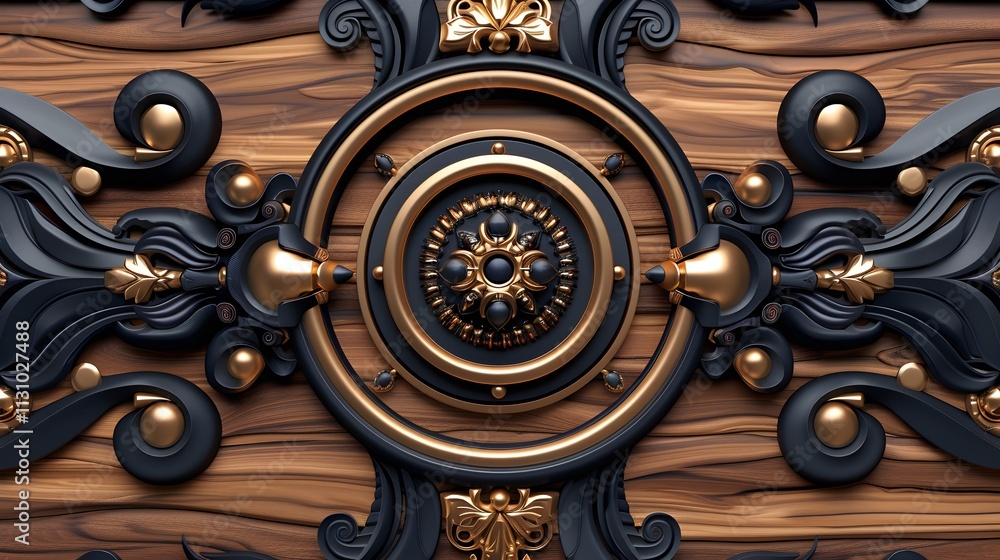 Obraz premium Ornate gold and black 3D design on wood.