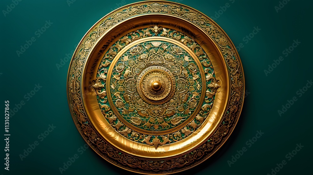 Naklejka premium Ornate gold and green metallic plate on teal background.