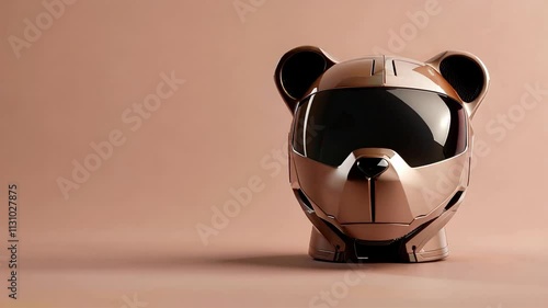 Futuristic bear-shaped helmet with a sleek metallic design on a neutral background. Concept of innovative tech gear and creative product design. photo